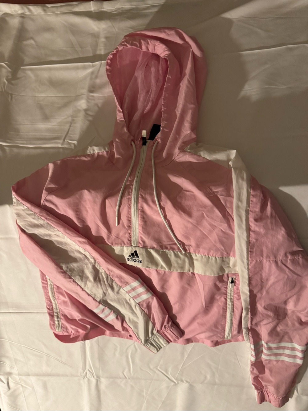 adidas Pink and White Hooded Pullover Windbreaker